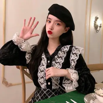 

long sleeve shirts women blouses sweet style Korean ruffles lace up designer fashion brand v-neck loose velour tops autumn style