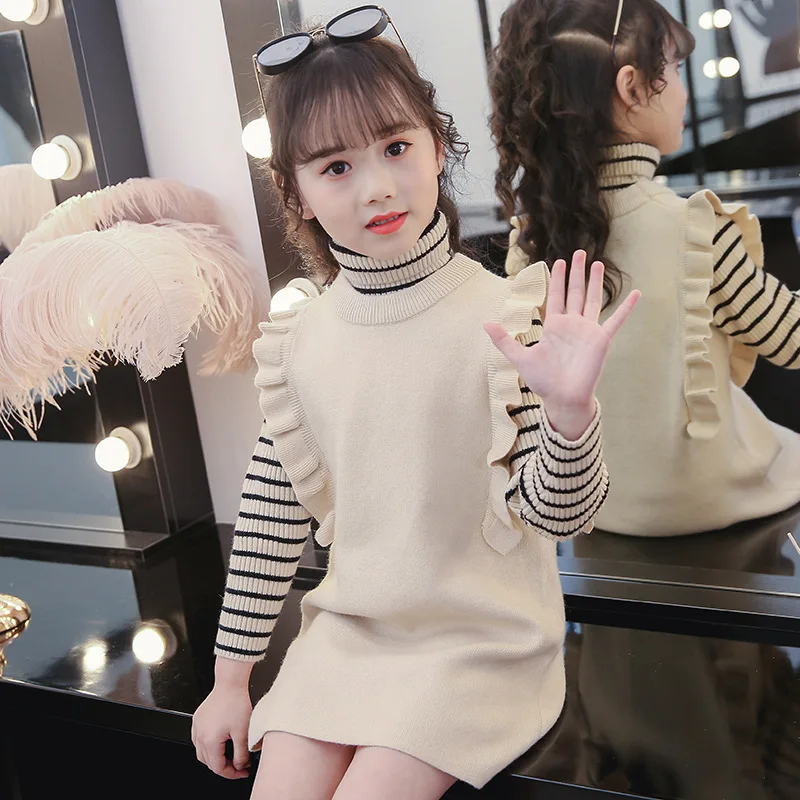 

Fashion Kids Girl Knitting Clothes Autumn 2019 Girls Suits Striped Long Sleeve Shirts & Vest Dresses Children 2Pcs Clothing Set