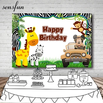 

Sensfun Happy Birthday Backdrop With Jungle Animals Cartoon Mickey Party Decoration Photography Studio 220x150cm