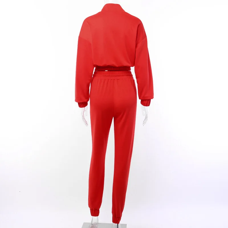 Женские спортивные костюмы комплект из 2 предметов красный Свободный Укороченный свитшот штаны модные повседневные женские толстовки с длинным рукавом брючный костюм Femme