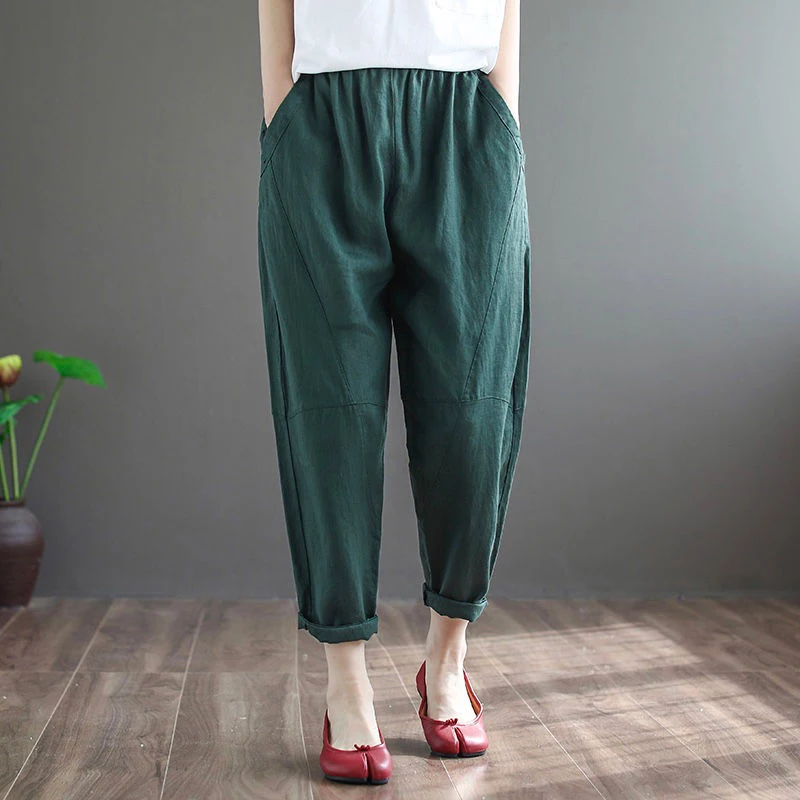 2020 Summer New Arts Style Women Elastic Waist Loose Ankle-length Pants Casual Cotton Linen Vintage Harem Pants Plus Size M70 2020 Summer New Arts Style Women Elastic Waist Loose Ankle-length Pants Casual Cotton Linen Vintage Harem Pants Plus Size M70