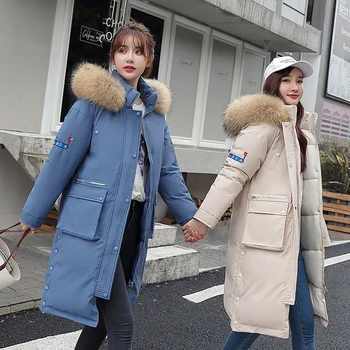 

2019 New Winter Jackets And Coat For Women Long Wadded Jackets Warm Down Cotton Outwear Big Faux Fur Collar Hooded Cotton Parkas