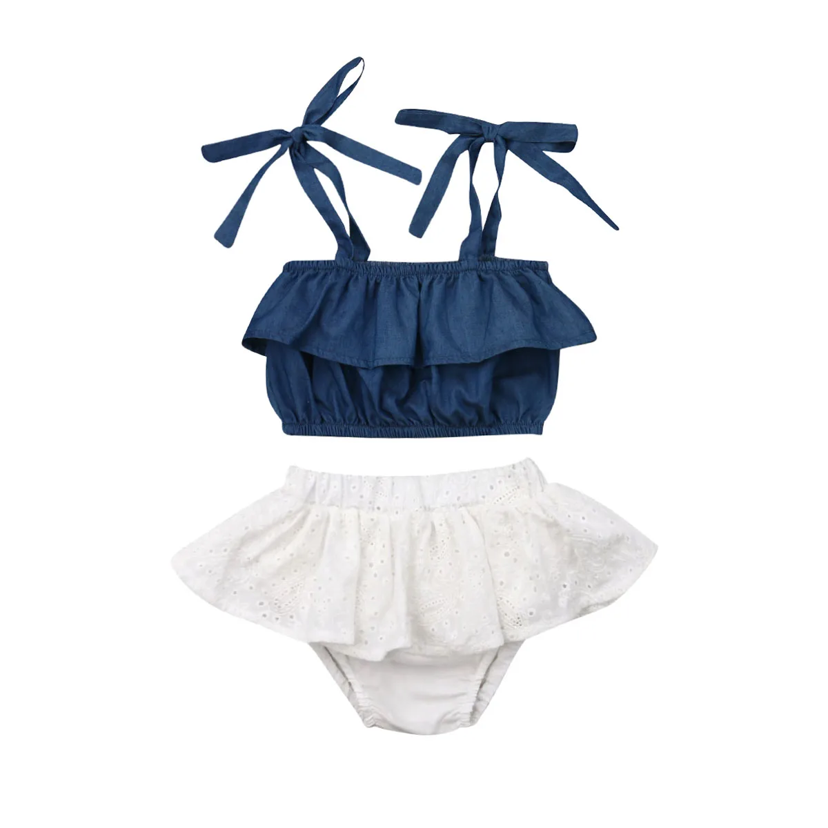 Newborn Infant Baby Girl Clothes Solid Color Denim Strap Crop Tops Lace Ruffle Short Pants 2pcs Outfits Summer Clothing Sets | Детская