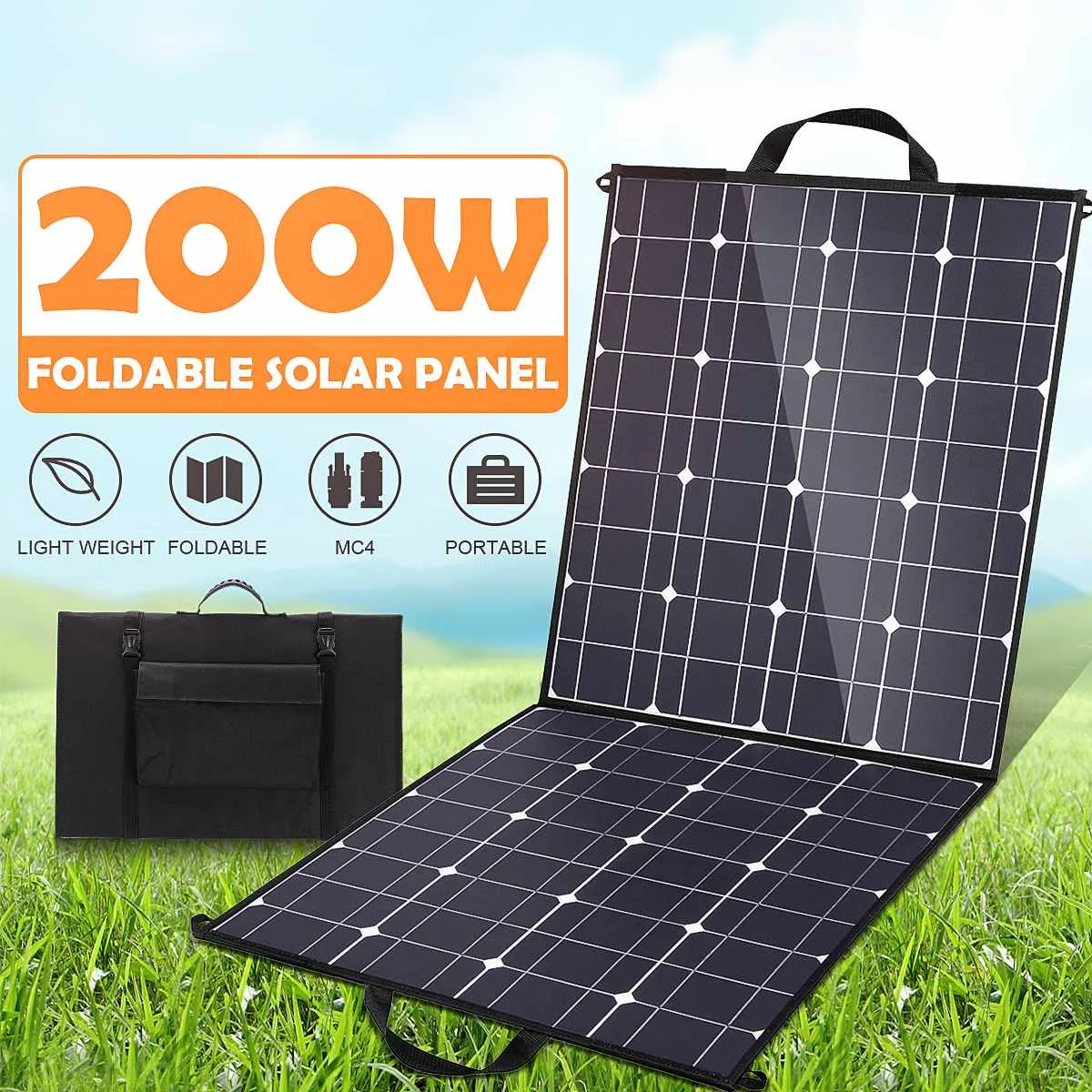 

200W 18V Monocrystallinel Folding Solar Panel USB DC Solar Cells Package with 1.5m MC4 Cable for Car Battery Waterproof
