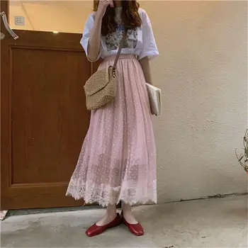 

ZCWXM Hot Korean Sweet Elastic Loose Slim High Waist Lace Summer Skirt Women All-Match Mesh 2 colors New Preppy Style