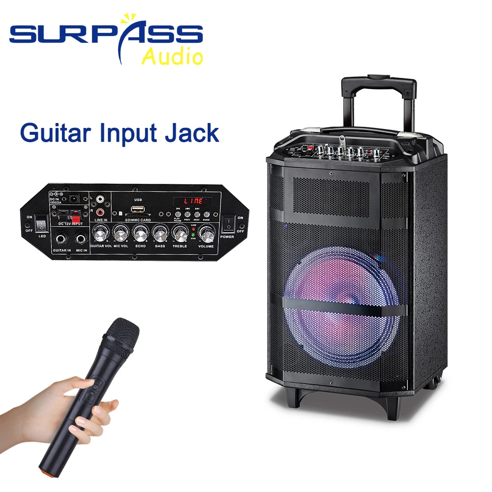 Outdoor or Home Karaoke Bass Treble Bluetooth Microphone Speaker 10'' Portable Battery Loudspeaker with FM Radio LED Light USB
