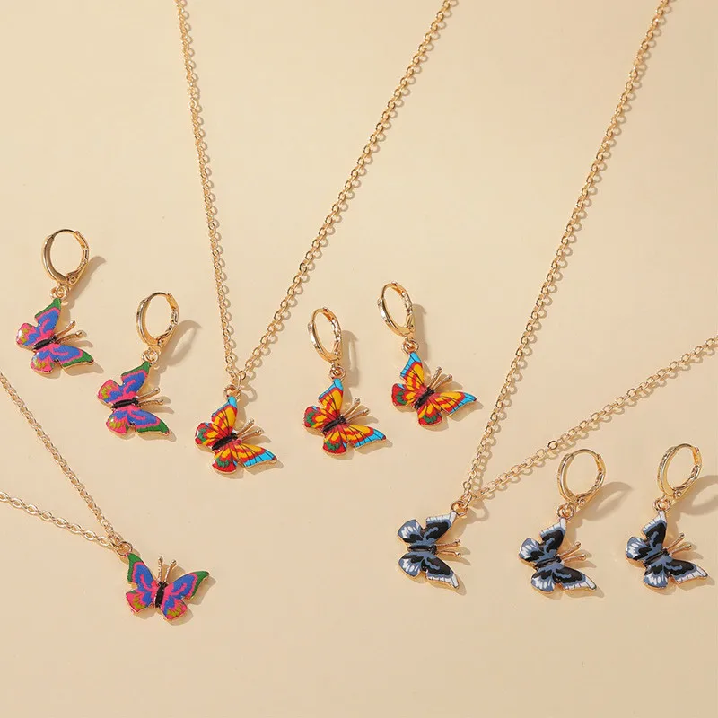 Cute Butterfly Pendant Necklace Earrings For Women Cocktail Party Statement Necklace Steet Style  Fashion Necklace Earrings Set