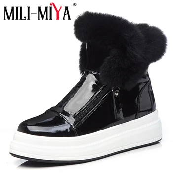 

MILI-MIYA Fashion Women Patent Leather Snow Boots Solid Color Rabbit Hair Waterproof Warm Plush Slip-On Winter Shoes Size 34-40