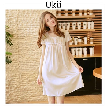 

Ukii Pijamas Women Summer Silk Short Sleeve Soild Round Neck Sleepwear Silk Sexy Loose Nightwear Simple Style Pijama Mujer