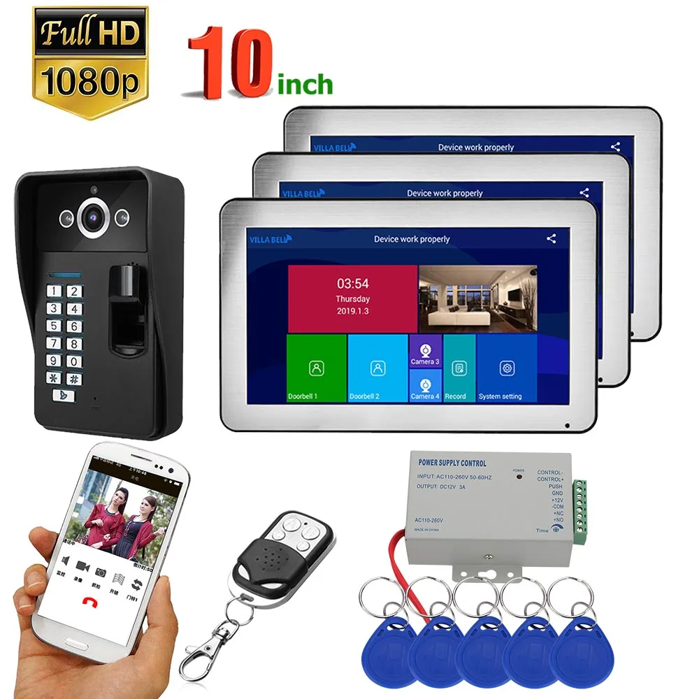 3 Monitors 10 inch Record Wifi Wireless Fingerprint RFID Video Door Phone Doorbell Intercom System with Wired 1080P camera 3 Monitors 10 inch Record Wifi Wireless Fingerprint RFID Video Door Phone Doorbell Intercom System with Wired 1080P camera