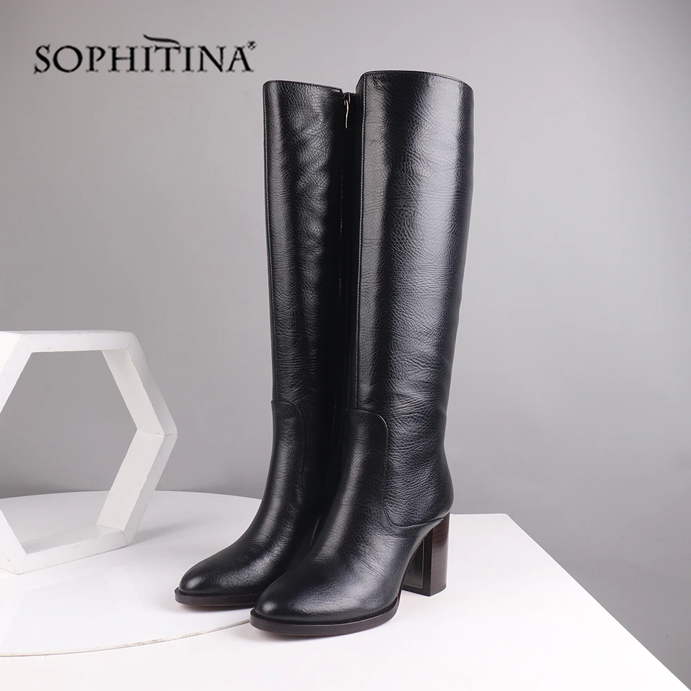 Женские сапоги из натуральной кожи SOPHITINA теплые удобные до колена на устойчивом