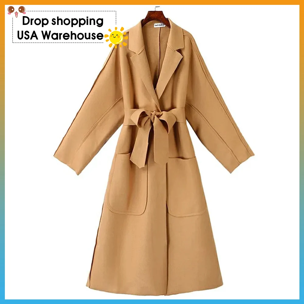

overcoat women Spring and autumn Korean new long-sleeved lace-up cardigan simple woolen coat top For Women Fashion
