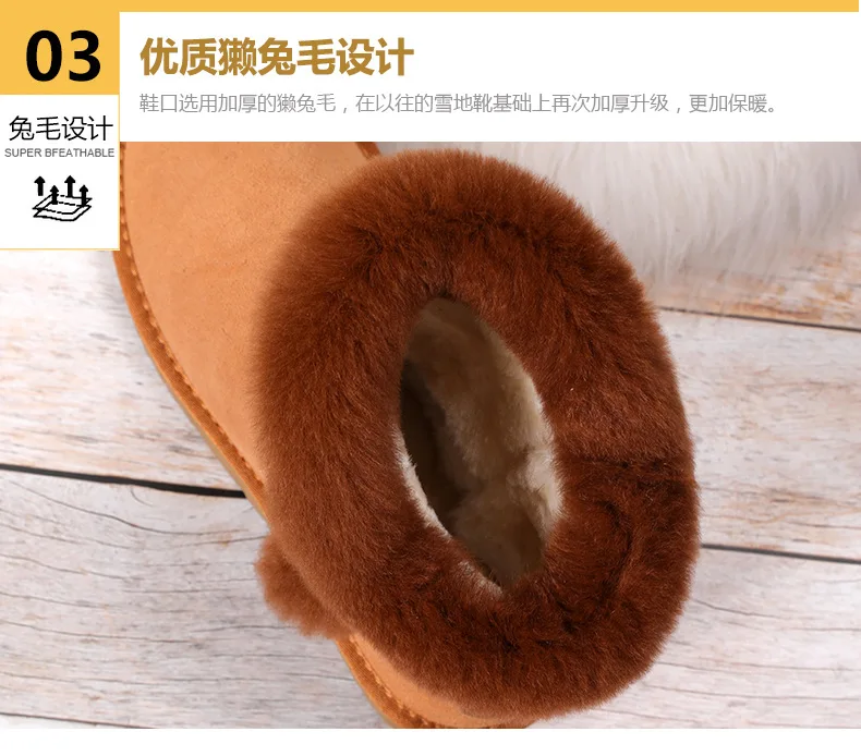 Classic Genuine Cowhide Leather Snow Boots Wool Women Boots Rabbit Hair Buckle Warm Winter Shoes for Women Large Size