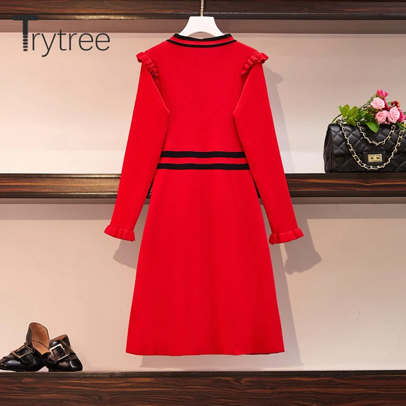 Cena Trytree 2019 jesienno zimowa damska casualowa sukienka z lamówką elegancka, z kokardą Patchwork 3 kolor line luźna moda urząd Lady Mini sukienka