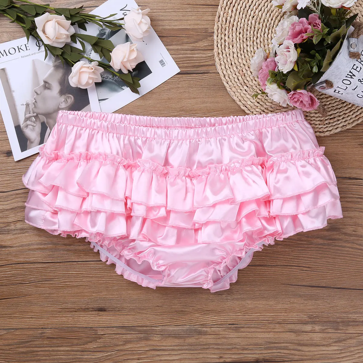 Soft Shiny Satin Ruffled Bloomers Crossdressing Men Lingerie Tiered Skirted Bikini Briefs Sissy Panties for Male Gay Underwear Mens Underwear