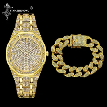 

Luxury Men Gold+Silver Watch Waterproof Hip Hop Bracelet Crystal Miami Iced Out Cuban Link Chain For Male Gift Braclete Pulsera