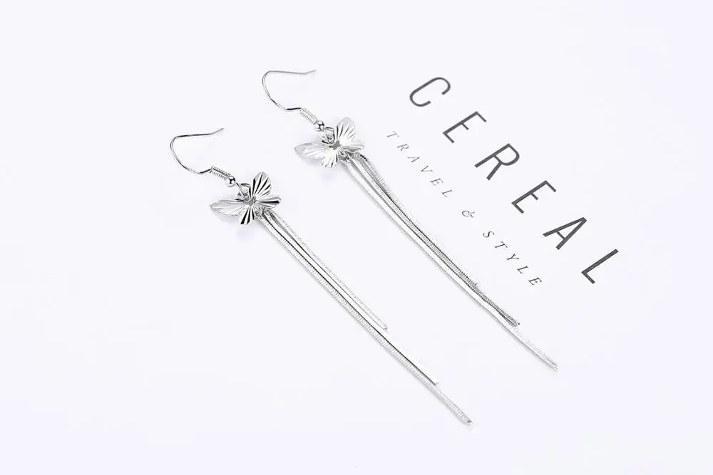 925 Sterling Silver Butterfly Long Tassel Drop Earrings for Woman Gift