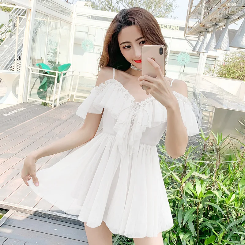 

2019 Summer New Style Korean-style-off-Shoulder V-neck Flounced Gauze Fairy Tops Dress