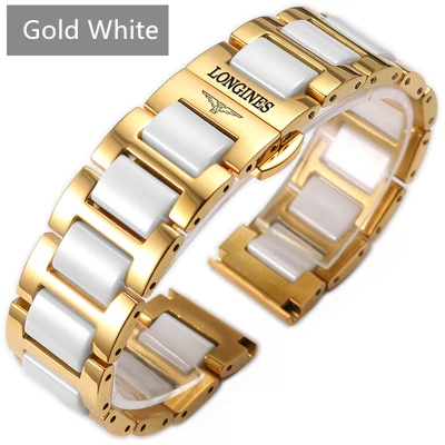 gold white Роскошный высококачественный цельный Браслет из керамики L2 L4 из нержавеющей стали ремешок для часов 19 мм 20 мм Longines запасной Ремешок Браслет ремешок - Цвет ремешка: gold white