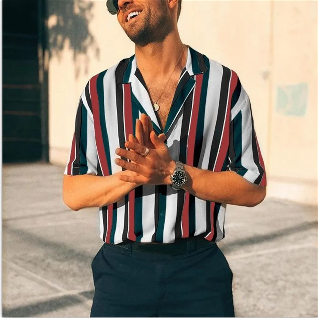 Mens Shirts Casual Short Sleeve Striped Tops Loose Casual Blouse for Summer Fashion!