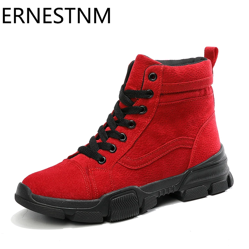 ERNESTNM/женские ботинки; коллекция года; Зимние ботильоны; botas mujer invierno; теплая плюшевая женская обувь; Узкие ботинки из искусственной замши; пикантная красная обувь