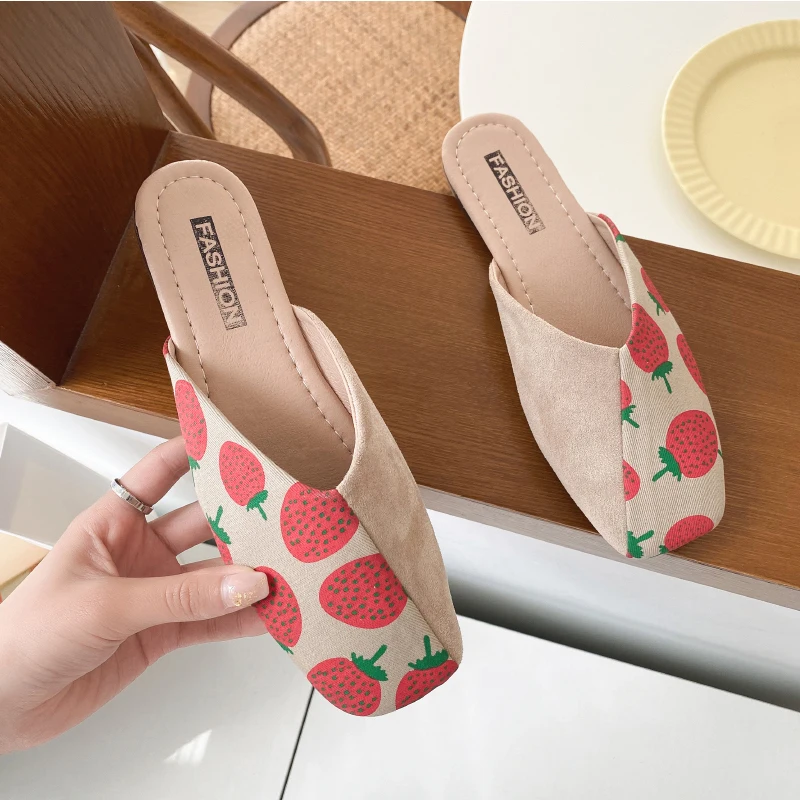 

Summer Fruit Cute Slippers Comfort Square Toe Mules Shoes Women Outdoor Fashion Casual Designer Leather Flat Slippers Mujer