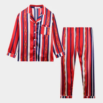 

DANALA 2019 New Stripe Pajamas Classic Pocket Lapel Neck Button Pajama For Women Faux Silk Sleepwear Unisex Casual Home Clothing