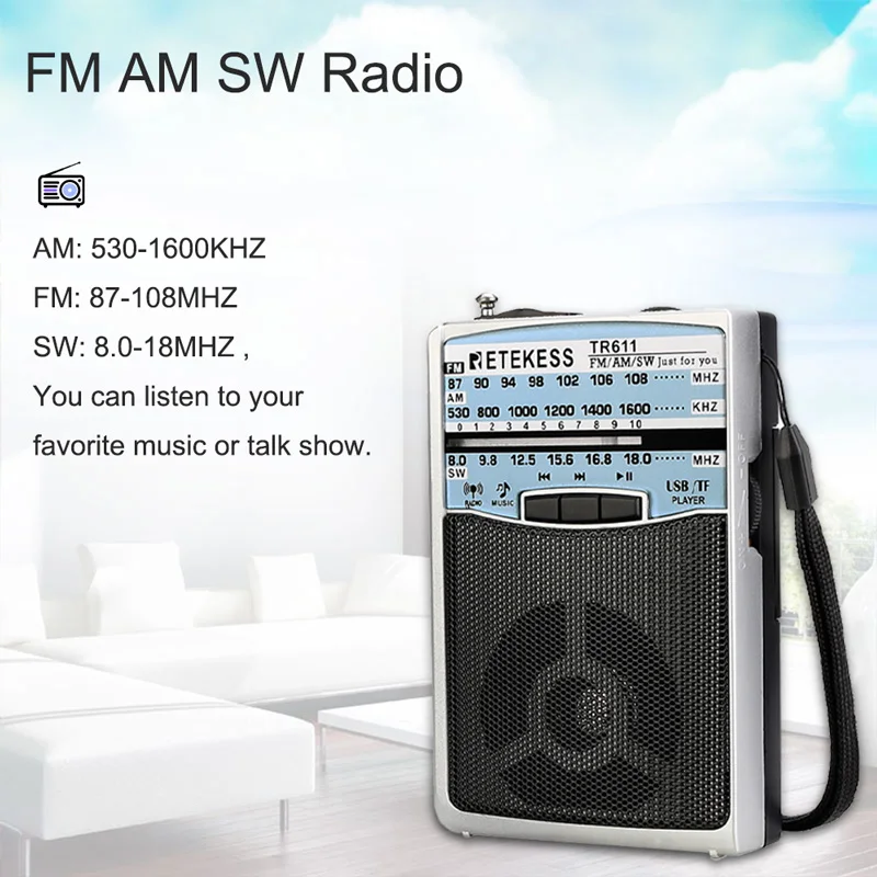 Retekess TR611 Radio Portátil Mini Radio de Bolsillo Radio FM Am SW Recargable con Reproductor USB TF Enchufe de Auriculares 