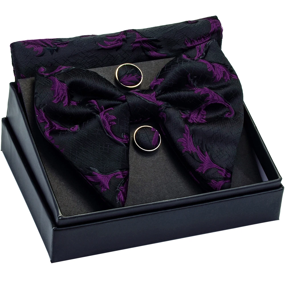 Fashion Silk Big Bowtie Handkerchief Cufflinks Set Bule Black Paisley Floral Jacquard Hanky Bow Ties For Men Business With Box
