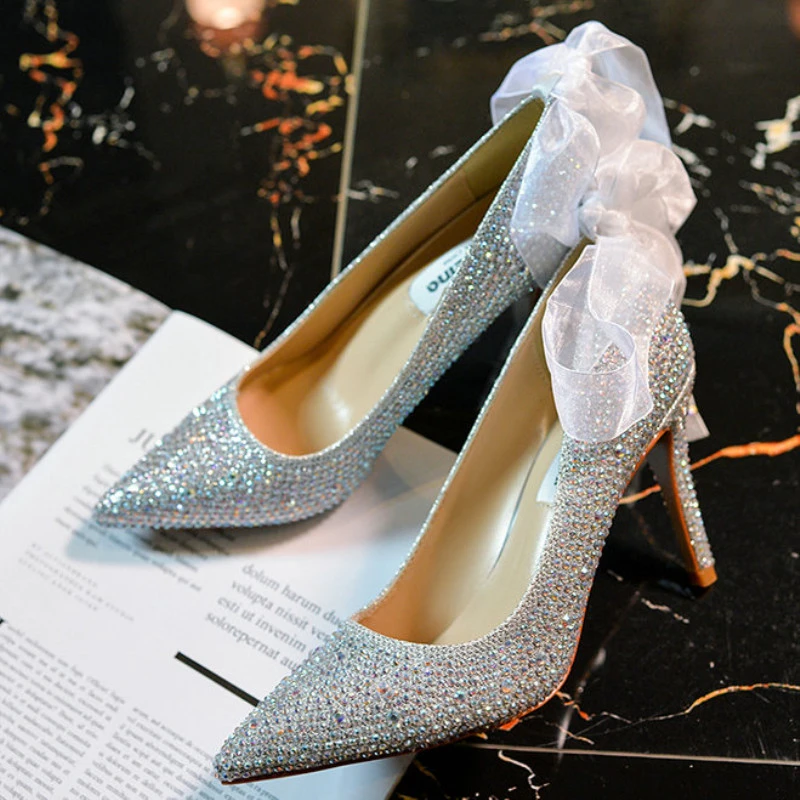 Zapatos de boda plateados zapatos de con stilettos de cristal zapatos de puntiagudos Arco Nudo tacones altos fiesta Mujer|Zapatos de tacón de mujer| - AliExpress