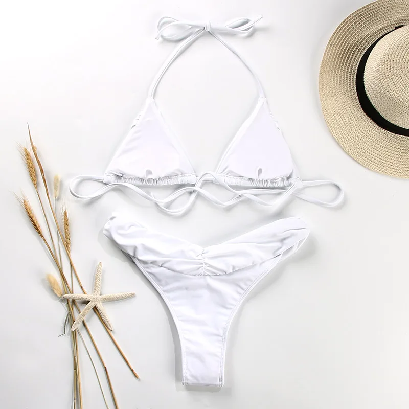 Miyouj Newest Sexy Bikinis Female Micro Folds Swimwear Women High Cut Bikini Set String Swimming Suit For Women White Swimsuit
