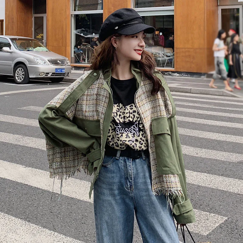 

Photo Shoot 2020 Spring And Autumn New Style Korean-style Loose-Fit Plaid Stitching Trench Coat Women's Short Short-height Workw