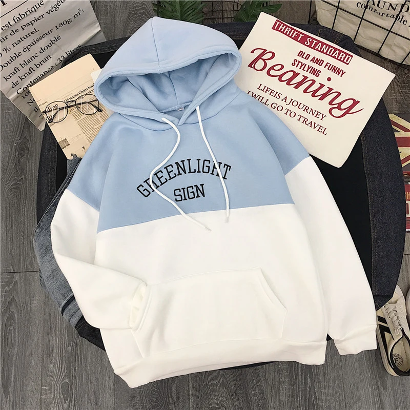  Women's Sweatshirts 2019 Winter Stitching Color Letter Printing Pocket Hoodies Fashion Harajuku Bf 