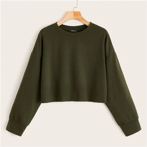 Армейский зеленый SHEIN Drop Shoulder Raw Hem Crop Sweatshirt Solid Pullover Women Summer Autumn Long Sleeve Round Neck Basic Casual Sweatshirts - Цвет: Армейский зеленый