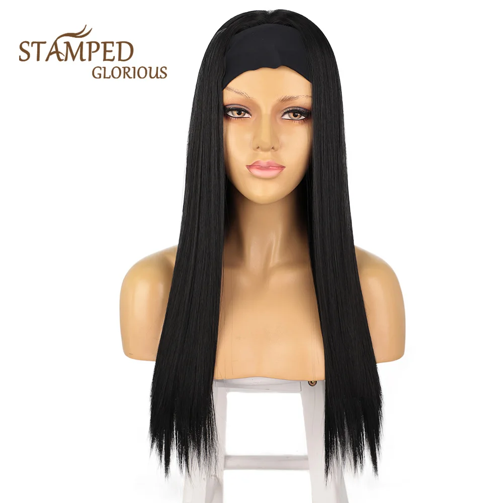 Stamped Glorious Synthetic Headband Wig Black Wig Long Straight Hair Heat Resistant Fiber Synthetic Wigs for Black Women