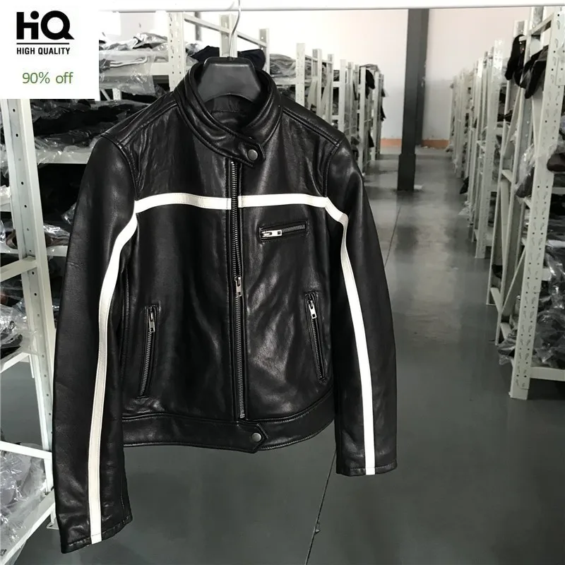 

High Quality Luxury Womens Jacket Casual Pocket Zipper Genuine Leather Outerwear Streetwear Slim Fit Black Short Biker Jacket