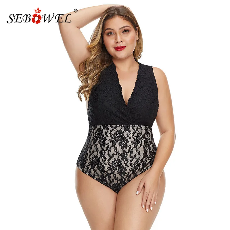 

SEBOWEL Woman Black Plus Size Deep V Neck Floral Lace Lined Bodysuit Summer Red Female Sleeveless Large Size Body Tops Clothes