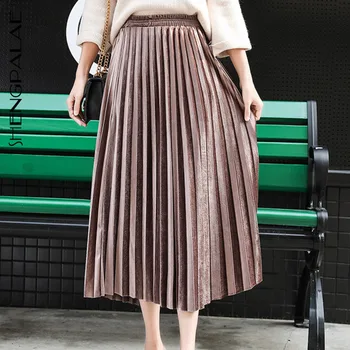 

SHENGPALAE 2020 New Fashion Spring Women Long Maxi Skirt Vintage Pleated Skirt High Waist Was Thin Ladies Pleated ZA2701