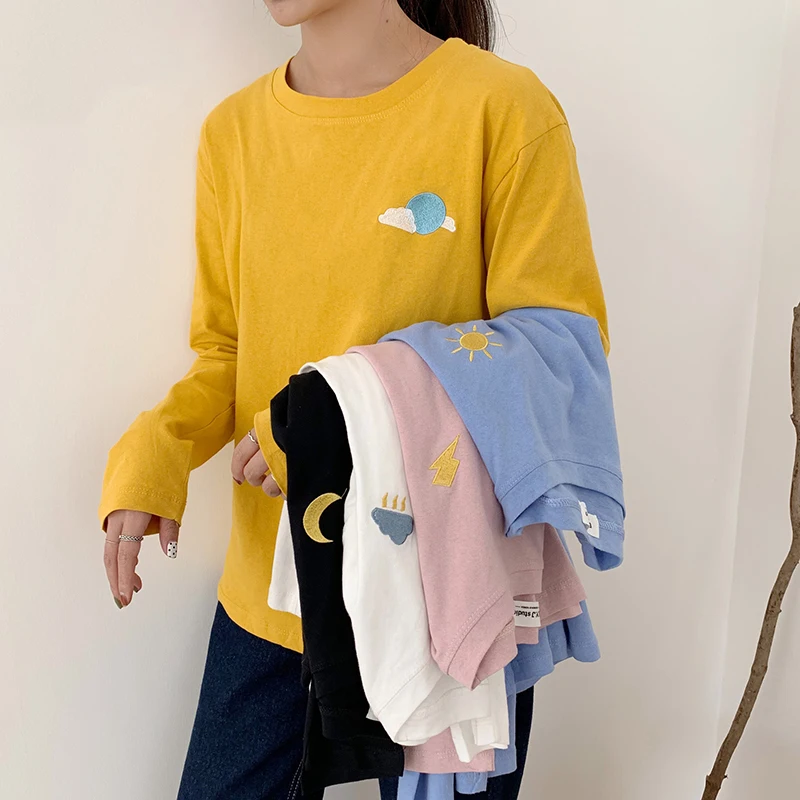 

5 Colors Long Sleeve Embroidery Tshirt Women Korean Style Sun Cartoon Moon White T Shirt Pink Harajuku Autumn Black Top Femme
