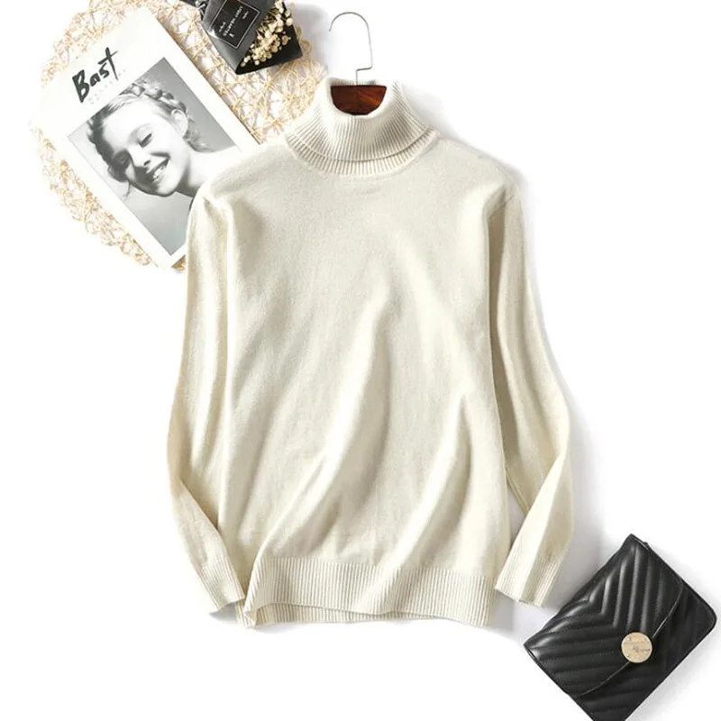 Sweater Women Shiny Lurex Autumn Winter Turtleneck Long Sleeve Knitted Pullover Basic Femme Jumpers Black White - Color: Beige