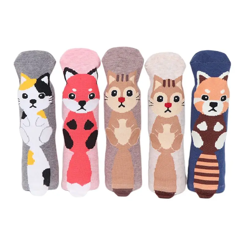 5 Pairs Women Cartoon Cotton Crew Socks 3D Long Tail Fox Animal Jacquard Hosiery NEW