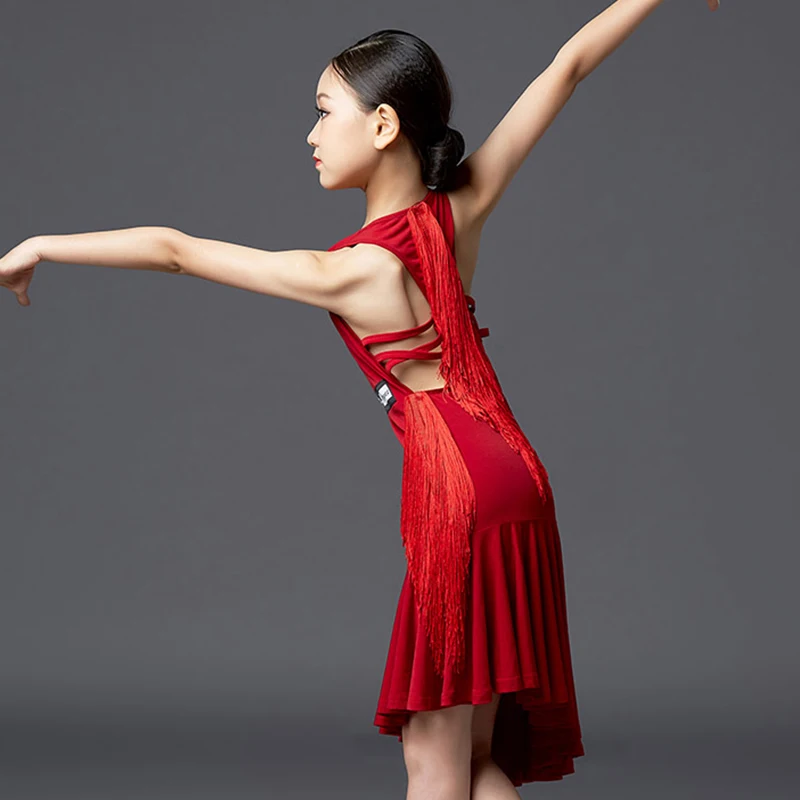 Платье для латинских танцев Девушки Сексуальная спинки Красный без рукавов кисточкой Практика платья Румба ча Самба Танго выступление одежда DN4711