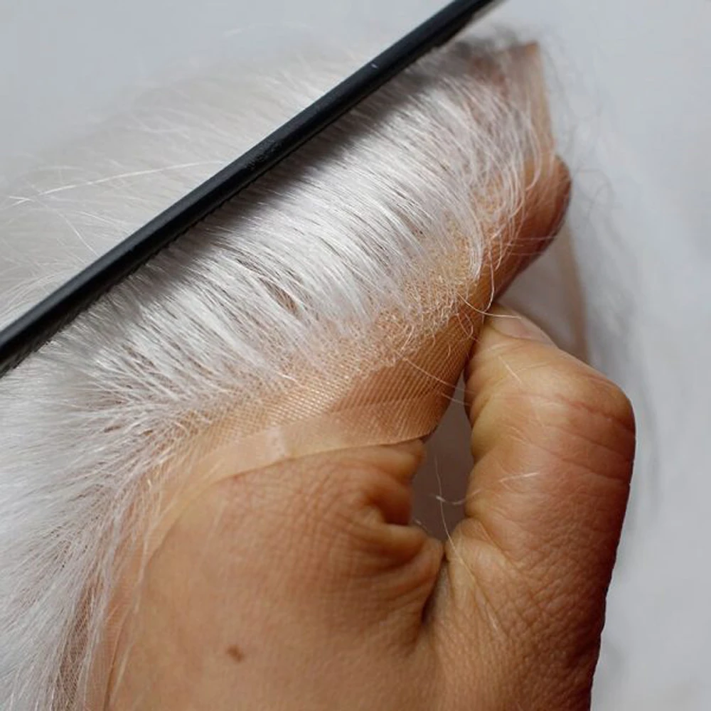 Preto e Branco Sistema de Substituição de Toupee da Pele Cor do Cabelo dos Homens Bymc Completo Laço Peruca Natural Brasil Super Fina 6 sistema de substituição de toupee da pele super fina