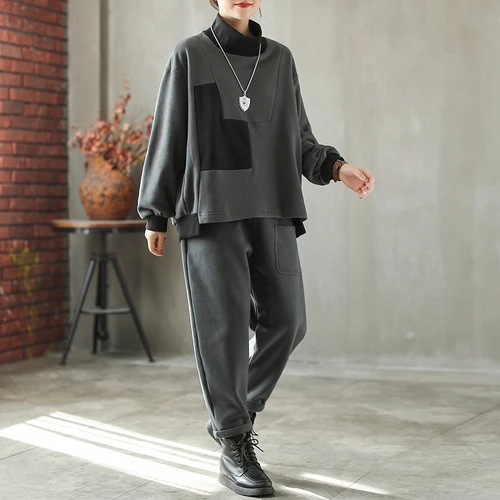 grayset women Женский костюм из двух частей, повседневный свободный хлопковый женский костюм, штаны с эластичной талией+ футболка с круглым вырезом, Женский комплект, повседневный спортивный костюм для женщин - Цвет: grayset women