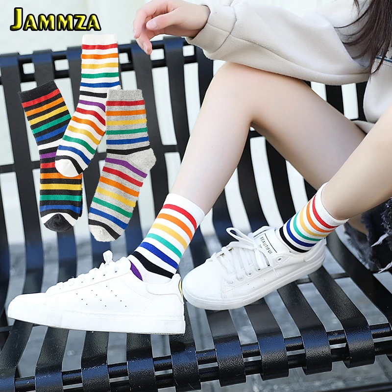 Хлопковые повседневные цветные полосатые женские носки модные в студенческом стиле корейские Sokken простые дикие черные белые толстые короткие носки