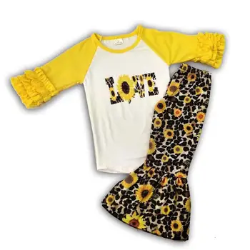 

LOVE Sunflower Leopard Print girl ruffle raglan yellow top matching bell ruffle pants