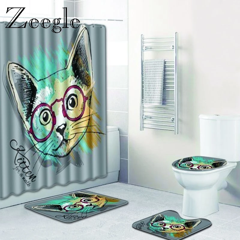 Zeegle Printed Cartoon Bathroom Mat Set Shower Curtain Toilet Seat Cover Bath Floor Rug Cushion Bath Mat for Home Decoration