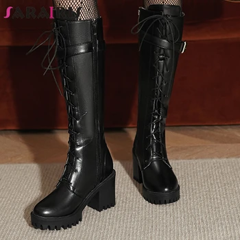 

SaraIris Round Toe Chunky Heel Platform Mid Calf Boots Women Brand Boots Ladies Fashion Designer Solid Winter Shoes