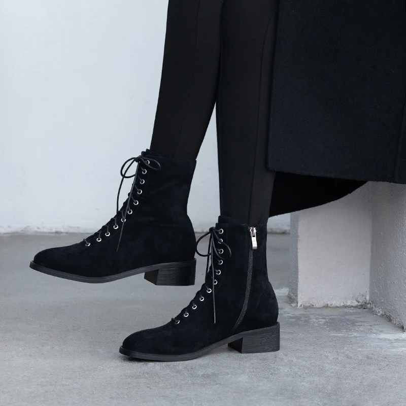 Brand Suede Leather Chelsea Boots Women lace up Ankle Boots Handmade Autumn Winter Thick Heels Comfortable Shoes Woman