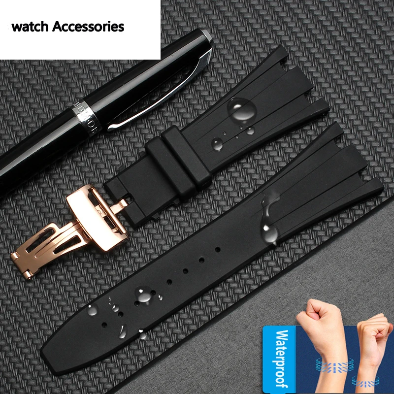 Silicone watchband for AP men's wrist watch  28mm Waterproof rubber watch straps with folding buckle black bands